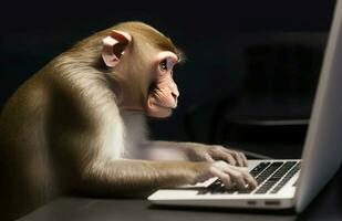 Chimpanzee laptop education. Generate Ai photo