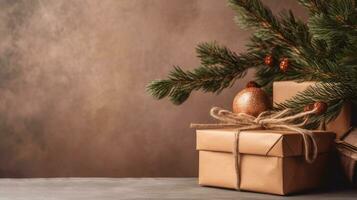 abrazando el magia de Navidad mediante abeto ramas y regalos, ai generado foto