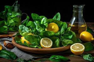 un ensalada plato de Espinacas con limones en él, generativo ai foto