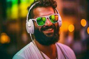 Bearded smiling man sunglasses. Generate Ai photo