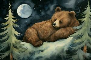 New bear sleeping under moon. Generate Ai photo