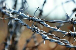 Weathered Barbed wire field closeup. Generate Ai photo