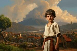 Ancient greek volcano eruption child boy. Generate Ai photo