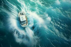 Waves boating top view ocean. Generate Ai photo