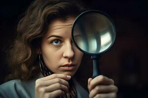 Woman magnifying spy glass. Generate Ai photo