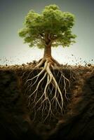 Section soil tree big root banner. Generate Ai photo