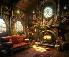 Steampunk christmas room interior banner. Generate Ai photo