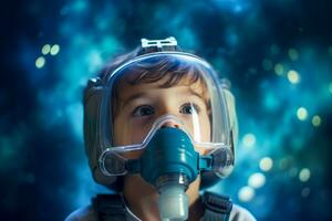 Kid boy wearing nebulizer. Generate Ai photo