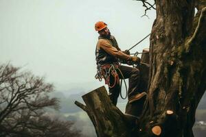 Tree removal service man work. Generate Ai photo