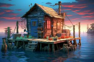 Fishing wood house game sunset. Generate Ai photo