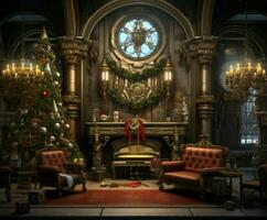 Steampunk christmas room with lights banner. Generate Ai photo