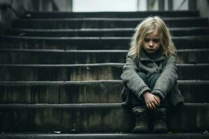 triste pequeño niña escaleras. generar ai foto