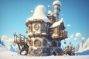 Old steampunk snow winter house. Generate Ai photo