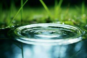 Transparent water droplet ring near green grass. Generate Ai photo