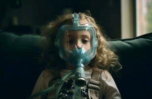 Kid girl wearing nebulizer. Generate Ai photo