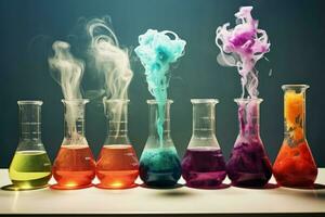 vibrante vistoso vasos de precipitados productos quimicos herramienta. generar ai foto