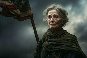 Aged American old woman military vintage. Generate Ai photo