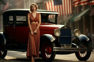 Elegant American woman vintage car 1920 year. Generate Ai photo