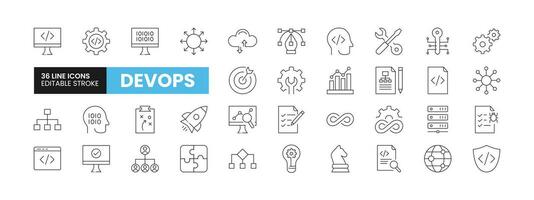 Set of 36 DevOps line icons set. DevOps outline icons with editable stroke collection. Includes Coding, Key, DevOps, Release, Strategy and More. vector