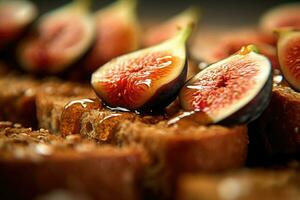 fig toast, macro shot of a fresh breakfast with Dripping Honey, AI Generated photo