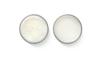 Milk in a glass. Top view. Isolated PNG transparent