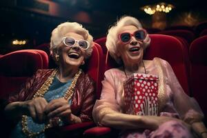 Senior Friendship Two Old Ladies Enjoy Film. Generative by Ai photo