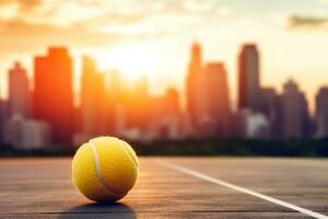 tenis bandera presentando un amarillo tenis pelota en un borroso fondo, generativo ai foto