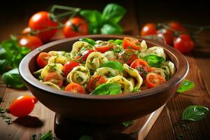 tortellini con albahaca y Tomates. generativo por ai foto