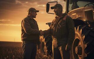 trabajo de campo acuerdo agricultores por el tractor. generativo por ai foto