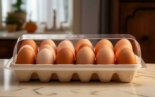 de cerca ver de un caja de cartón de huevos en un mesa, generado por ai foto