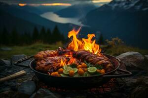 cámping temporada delicias comida terminado un abierto fuego en el montañas. generativo por ai foto