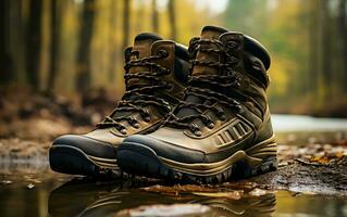 Battle-Tested Old Army Boots Protect Men's Feet on Outdoor Expeditions. Generative Ai photo