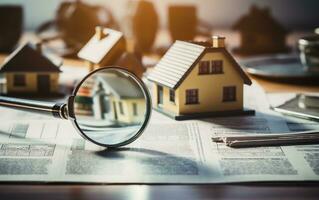 Small Home with Magnifying Lens in the Forefront. Generative AI photo