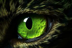 un cerca Mira a el verde mal de gato ojos. generativo por ai foto
