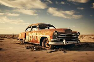 abandonado Clásico belleza - realista foto de un roto retro coche. generativo por ai