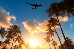 Airplane Soaring Above Palm Trees Against a Clear Sunset Sky, Generative Ai photo