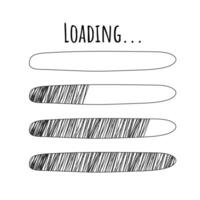 Set Loading bar, progress in doodle style isolated on white background. Indicator, line hand drawn sketch. Vector illustration