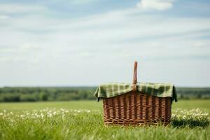 fin de semana familia picnic cesta en un verde campo, generativo ai foto