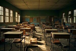 Empty Classroom Desks and Tables Awaiting Students. Generative By Ai photo