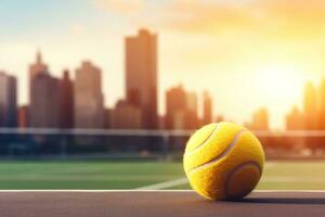 Tennis Banner Featuring a Yellow Tennis Ball on a Blurred Background, Generative Ai photo