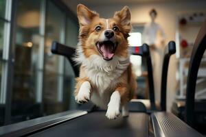 Canine Cardio Cute Dog Enjoys a Treadmill Session at the Gym. Generative By Ai photo