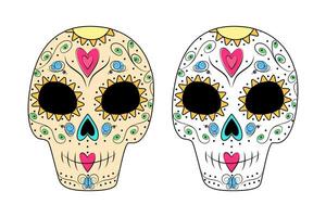 Set of 2 color patterned Sugar Skulls in trendy shades. Day of the Dead. Dia de los muertos. Mexico vector