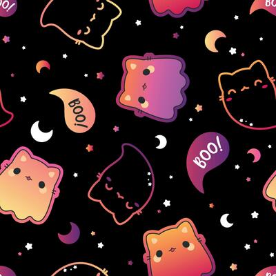 Kawaii ghost kittens Halloween pattern