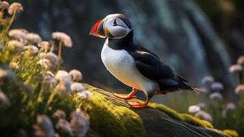 Photo of a Atlantic Puffin standing on a fallen tree branch at morning