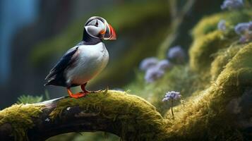 Photo of a Atlantic Puffin standing on a fallen tree branch at morning