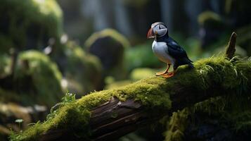 Photo of a Atlantic Puffin standing on a fallen tree branch at morning