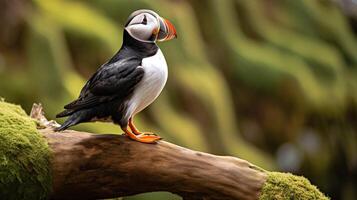 Photo of a Atlantic Puffin standing on a fallen tree branch at morning