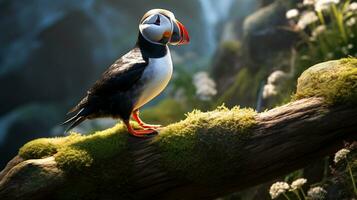 Photo of a Atlantic Puffin standing on a fallen tree branch at morning