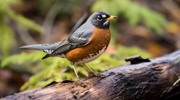 Photo of a American Robin standing on a fallen tree branch at morning