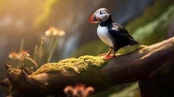 Photo of a Atlantic Puffin standing on a fallen tree branch at morning